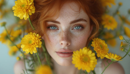 Woman with red hair and striking eyes amidst a bouquet of yellow blossoms.の素材