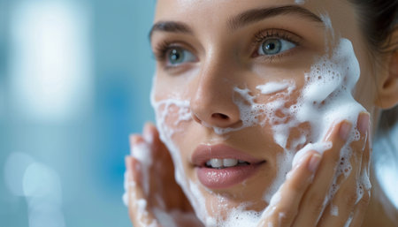 Focused woman applying cleansing foam on her face for skincare routineの素材