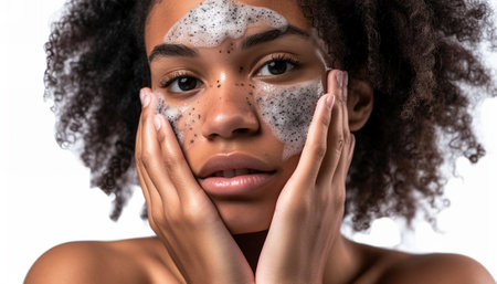 Woman with foaming facial wash on her face, looking serene against a white background.の素材