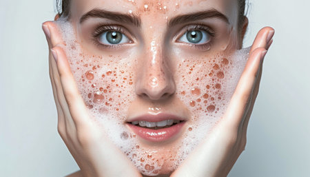 A young woman holds her face with foaming cleanser, eyes open, looking refreshed and attentive.の素材