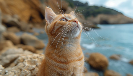 Ginger cat with wide eyes perched on rocks by Sea.の素材