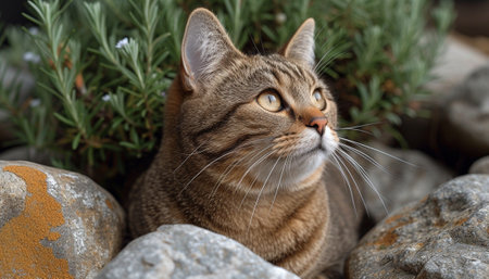 Tabby cat with striking eyes perched amidst rocks and greenery, gazing upwards.の素材