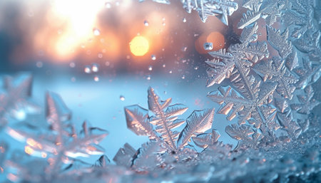 Crystal frost patterns on a windowpane with a warm sunrise glow in the backdrop.の素材