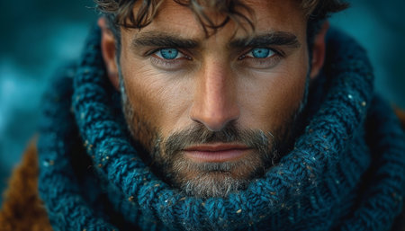 Intimate close-up of a man's face partially covered by a textured blue knitted scarf, highlighting his piercing blue eyes.の素材