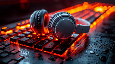 Backlit mechanical keyboard with red lighting under water droplets, with black headphones resting on top.の素材