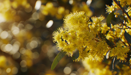 Close-up of yellow wattle flowers in bloom, with sunlight enhancing their golden hues against a blurred background.の素材