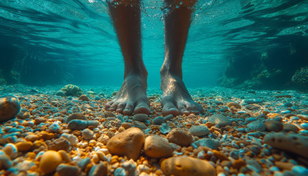 Underwater view of a person's feet standing on a pebble-covered seabed with sunlight filtering through clear blue water.の素材