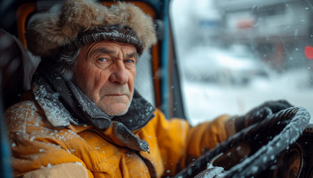 Elderly man in winter gear with a fur hat driving, his face showing experience and contemplation amidst falling snow.の素材