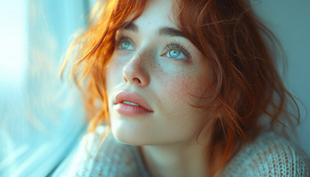 Portrait of a thoughtful young woman with freckles, gazing out, her red hair and serene expression illuminated by natural light.の素材