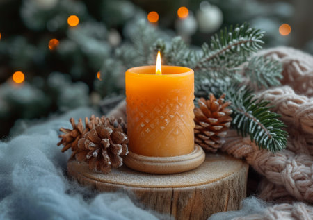 Orange candle on a carved wooden stand wrapped in a woolen blanket, with pinecones and fir branches, creating a cozy winter atmosphere.の素材