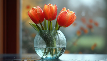 Red tulips with dew drops in a clear round vase, backlit by soft daylight.の素材