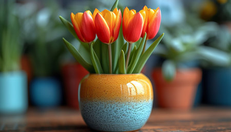 Fresh red tulips in a speckled orange and yellow ceramic vase on a wooden table.の素材