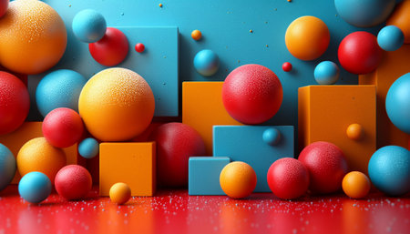 Abstract composition of colorful 3D spheres and blocks against a blue backdrop with a playful vibe. Geometric Color Playの素材
