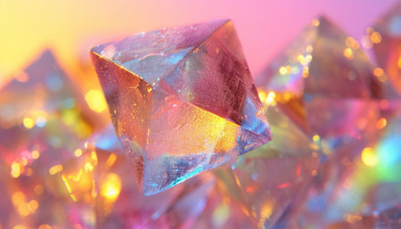 A close-up of a radiant geometric crystal showing a spectrum of holographic colors.の素材