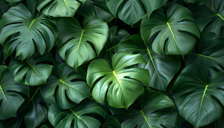 Lush monstera leaves arranged in a dense, green tropical foliage pattern.の素材