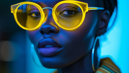 Portrait of a woman with vibrant yellow glasses illuminated by neon lights.の素材