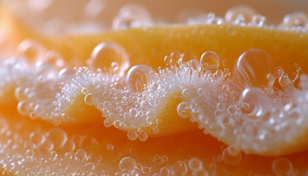 Ultra-close-up view of water droplets on peach skin, highlighting the delicate fuzz and vibrant orange hues.の素材