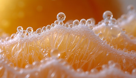Ultra-close-up view of water droplets on peach skin, highlighting the delicate fuzz and vibrant orange hues.の素材