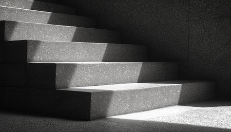Close-up of minimalist architectural stairs with textured concrete surfaces illuminated by soft light.の素材