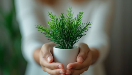 A person holding gently a small potted green plant, symbolizing care and growth in a soft-focused, nurturing environmentの素材
