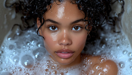 Young woman enjoying a bubble bath, glistening water droplets on her face.の素材