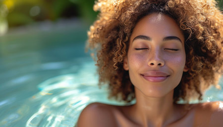 Contented individual with closed eyes basking in tranquil pool waters.の素材