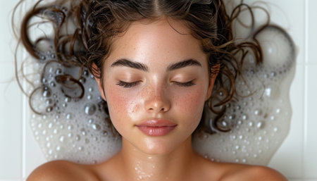 Tranquil young woman lying in a bath, surrounded by bubbles and water, with a relaxed and peaceful expression.の素材