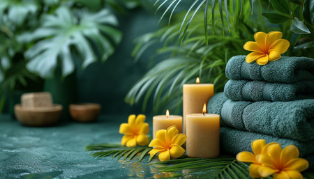 Spa setting with fluffy green towels, aromatic candles, and vibrant yellow flowers, offering a tranquil and refreshing ambiance.の素材