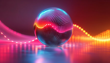A reflective disco ball casting dynamic blue and red lights in a dark atmospheric setting.の素材