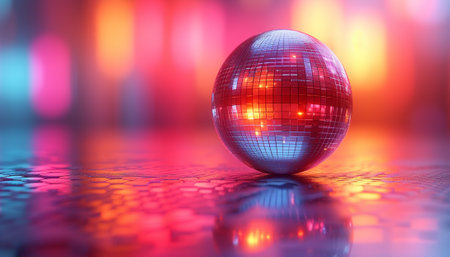 A disco ball glimmers with vibrant pink bokeh lights on a glittering background.の素材