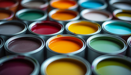 Multiple open paint cans in a variety of vibrant colors arranged closely, showing a spectrum of paint options.の素材