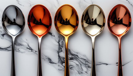 A row of reflective spoons with colored coatings on a marbled white background.の素材