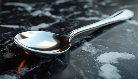 A classic silver spoon lies on a dark marbled surface with reflections.の素材