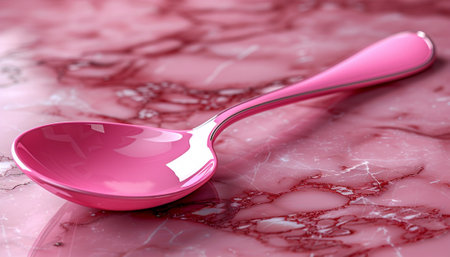 A glossy pink spoon on a marbled pink and red surface, reflecting light.の素材