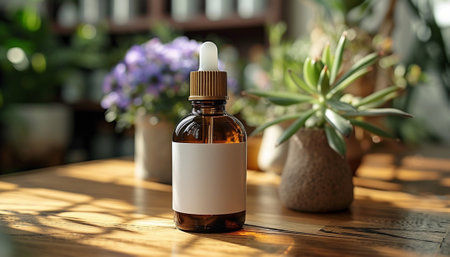 An essential oil bottle with a white label stands on a sunlit wooden table, surrounded by houseplants.の素材