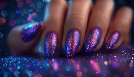 A close-up of glittering purple manicured nails with bokeh background.の素材