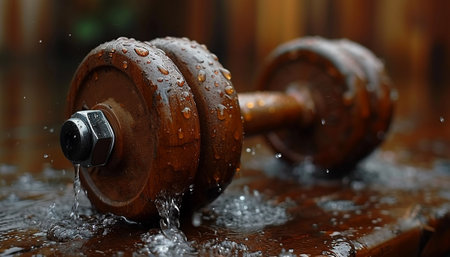 Wet rusty dumbbell on a wooden surface in the rain.の素材