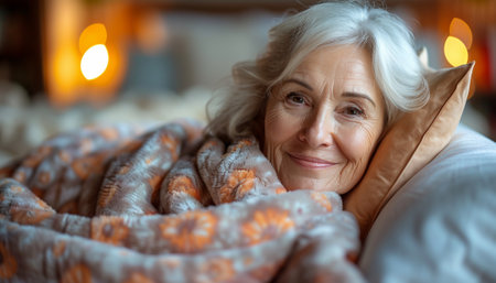Smiling senior woman snuggled in a soft patterned blanket, feeling content.の素材