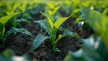 Vibrant green plant seedlings sprouting in rich, dark soil on a farm with sunlight filtering through.の素材