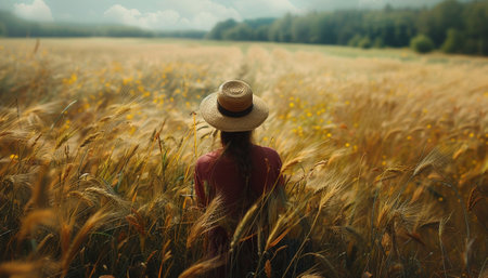 A woman in a straw hat stands amidst a wheat field, gazing into the distance at sunset.の素材