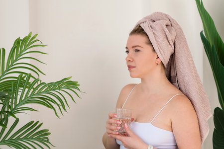 Woman drinking water after skincare. Daily morning routine. Self-care