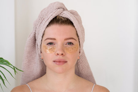Applying eye patches in skincare routine. Woman face with under eye patches from dark-circles and tired skinの写真素材