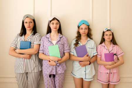 A woman and three girls in striped pajamas holding books, posing against a plain wallの写真素材