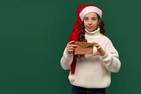 Girl in a Santa hat holding a brown envelope with a serious expression.の写真素材