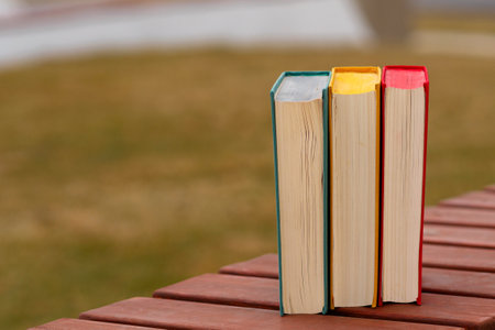 Three hardcover books standing vertically on wooden outdoor bench.の写真素材