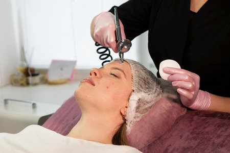 Esthetician uses airbrush device to spray facial mist. Facial beauty treatment. Oxygen epidermal peeling at spa salon. Girl enjoying skin rejuvenation therapy at cosmetology center. Jet peelの写真素材