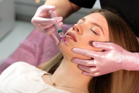 Patient receiving nonâsurgical chin skincare for facial contouring. Chemical Peel Face Treatment for woman face at beauty clinic. Non-traumatic facial rejuvenation. PRX-T33 peelingの写真素材