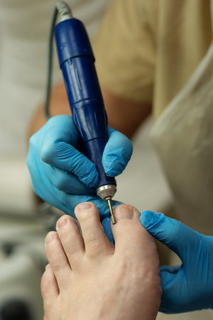 Gloved specialist shapes client's toenail using precise drill technique. Chiropody and podology...
