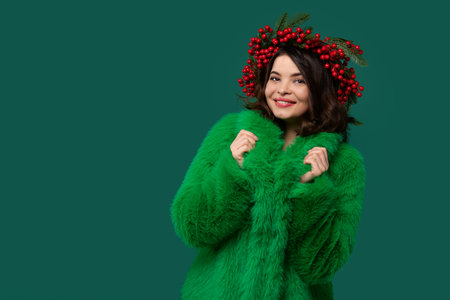 Smiling woman in a green coat and red berry wreath posing.の写真素材