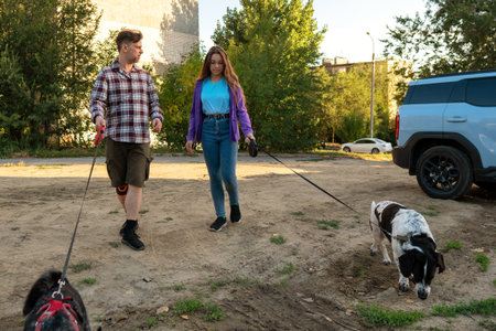 Father and his daughter walk two leashed dogs across sandy terrain near parked cars and greenery, enjoying an evening stroll together in their residential neighborhood.の写真素材
